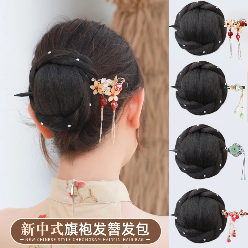 优雅古风发簪发包一体式盘发新娘旗袍造型饰品显气质秀禾流苏假发