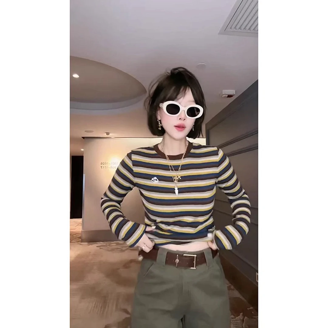 韩系2025秋季新款拼色条纹圆领T恤女百搭洋气小众长袖潮流上衣ins