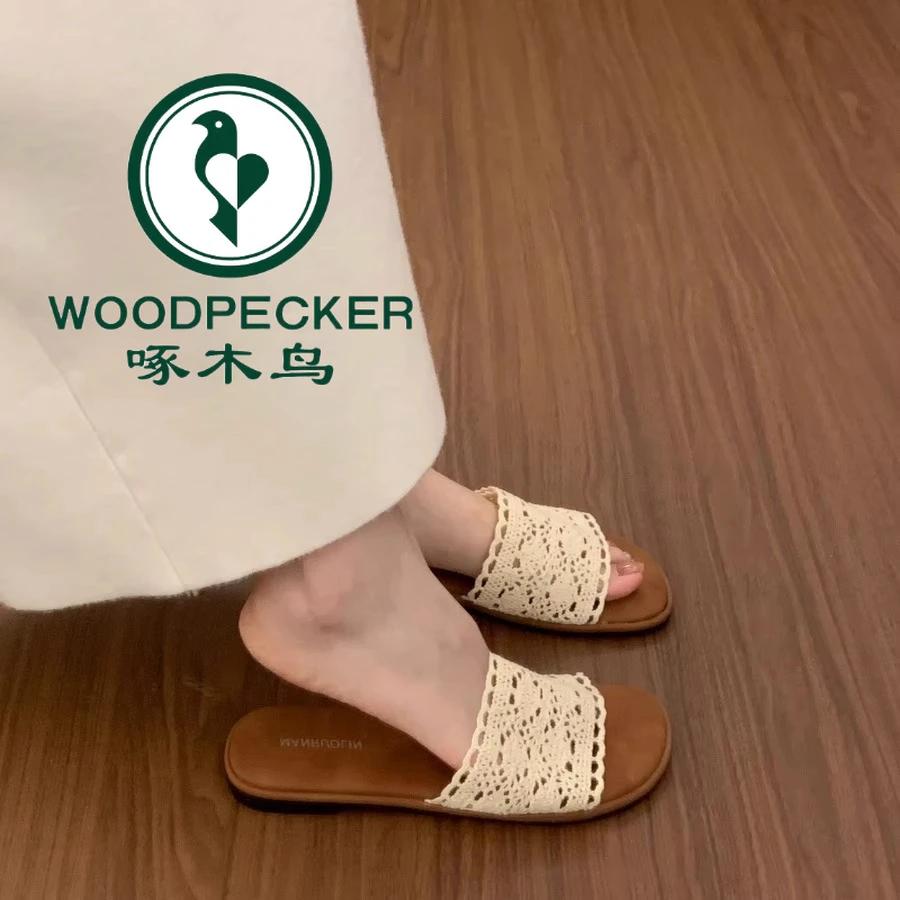 啄木鸟波西米亚平底露趾一字拖鞋女夏外穿海边度假配裙子沙滩凉拖