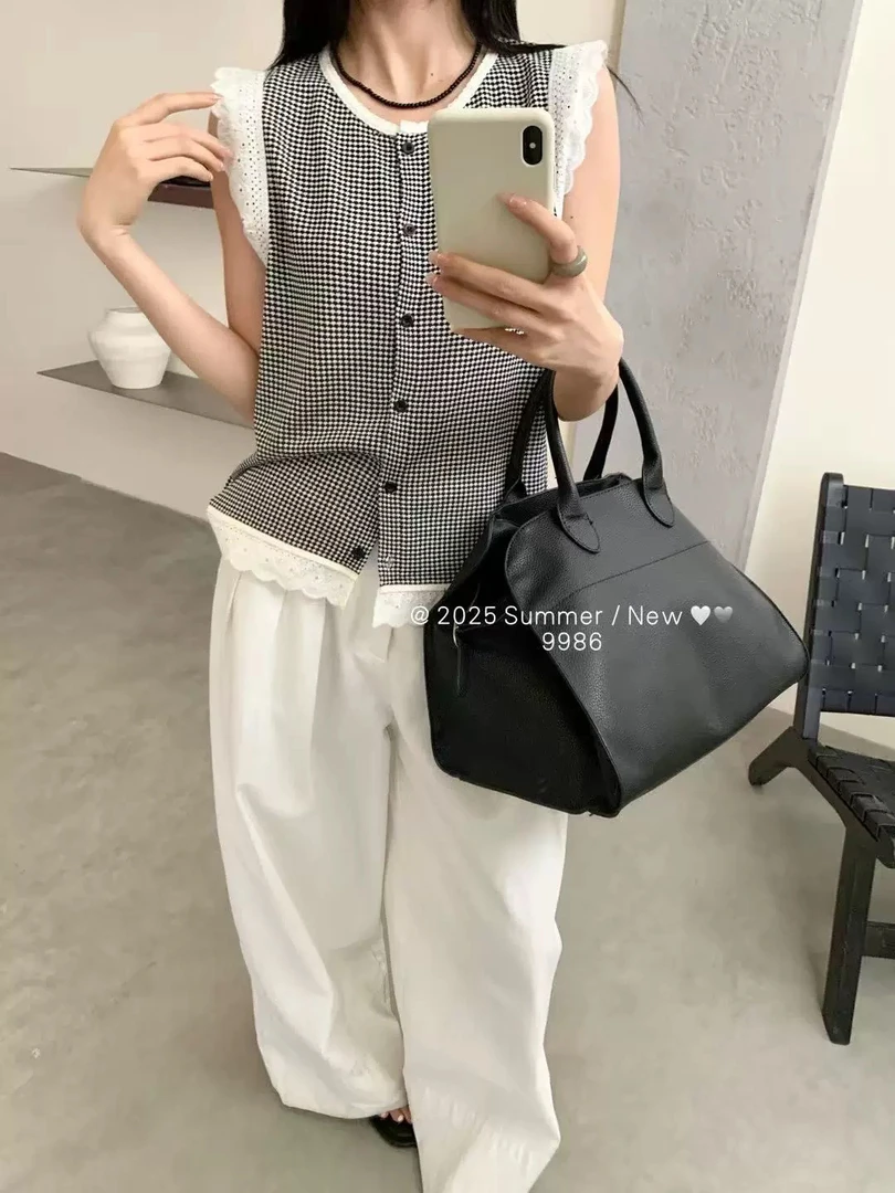 欧洲站2025夏季新款时尚圆领洋气蕾丝花边拼接格子无袖衬衫女2098
