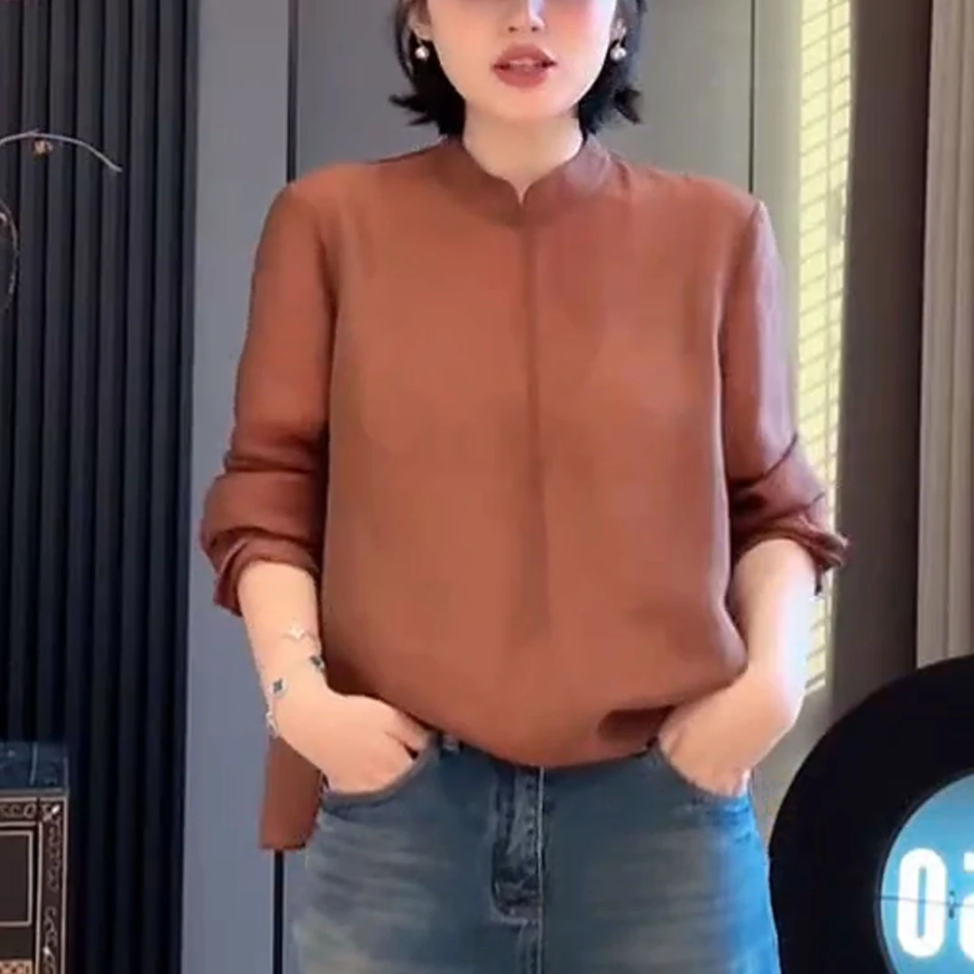 2026春季时尚长袖气质正肩立领中式上衣女减龄日常小众宽松衬衫女