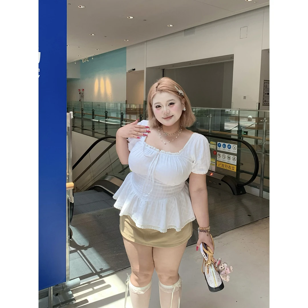 全球花【奶油慕斯】大码白色法式方领衬衫上衣高腰收腰显瘦上衣女