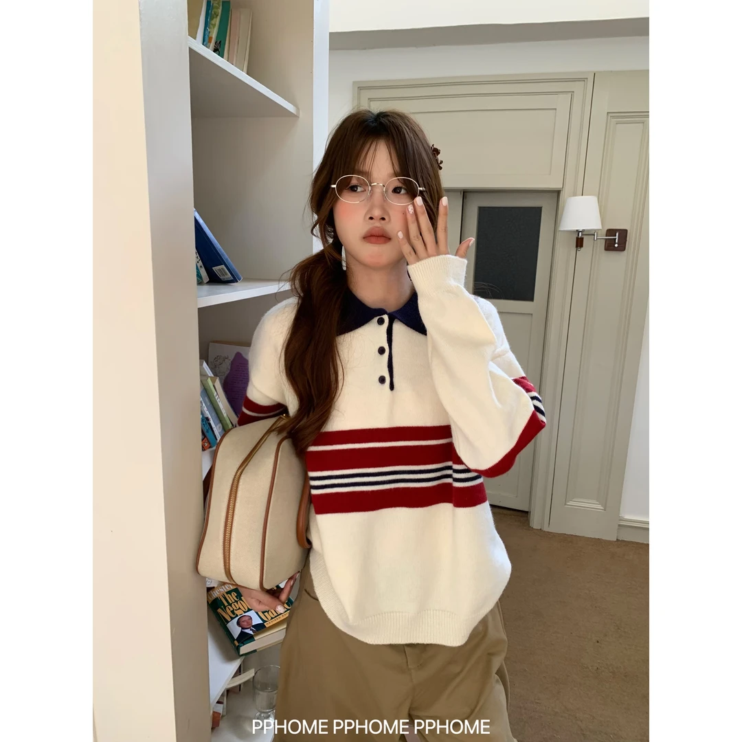 miu系书呆子 慵懒翻领毛衣女早秋穿搭巨好看宽松上衣