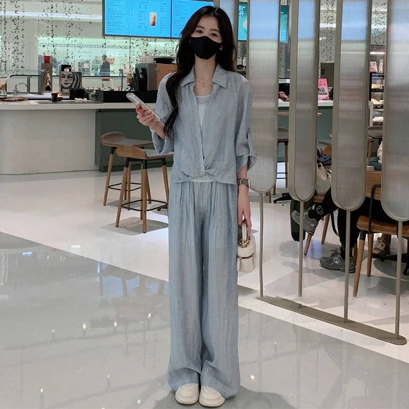 休闲运动套装女2025夏季新款洋气显瘦防晒短袖衬衫阔腿裤套装