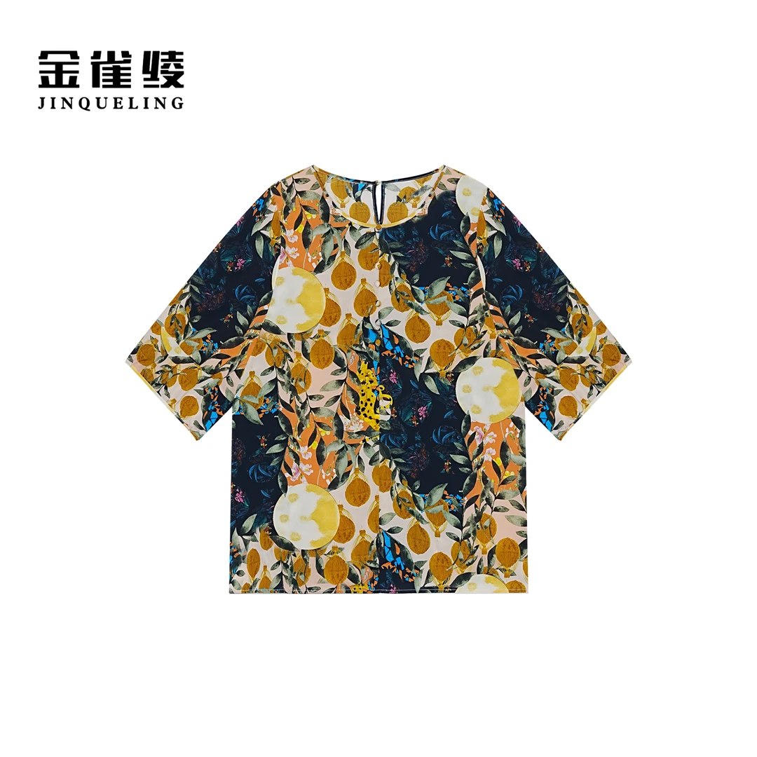 金雀绫【明月夜】桑蚕丝百搭满印半袖大码女装小衫SZA1S159
