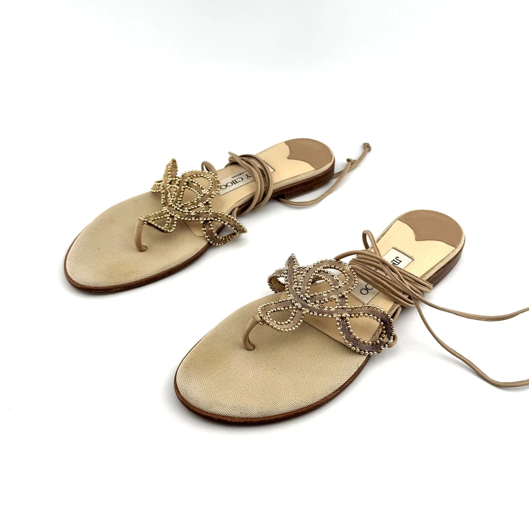 90新 JIMMY CHOO/吉米周 周仰杰 37.5码 一字拖凉鞋 D476