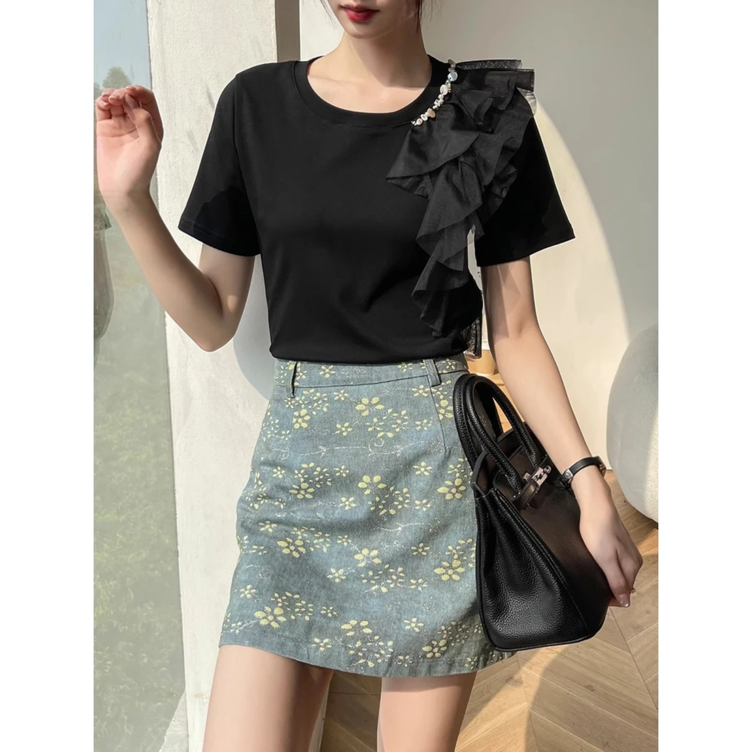 黑色圆领短袖女t恤2025新款夏网纱拼接钉珠内搭打底衫设计感上衣