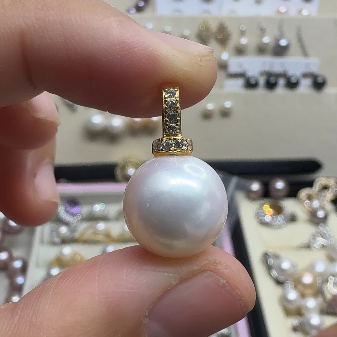 银S925镶嵌淡水珍珠颈饰12.7mm爱迪生万能扣吊坠后背微瑕