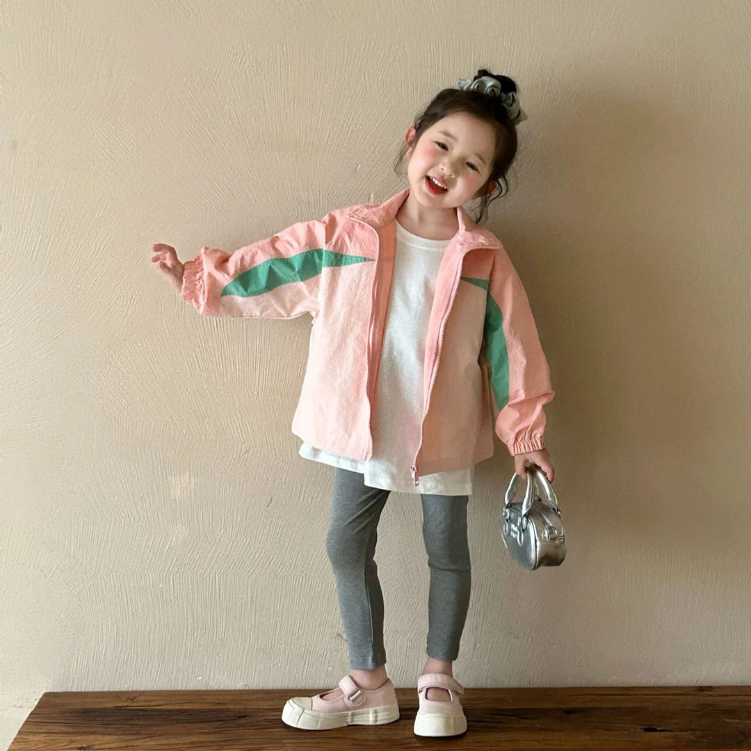 《小思家》女童2025春季新款韩版拼色外套纯色打底T灰色打底裤套装