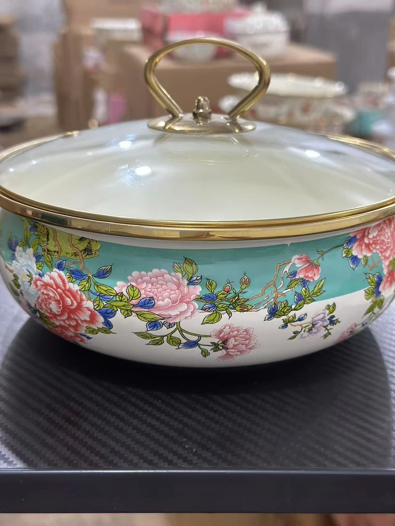 带玻璃盖20公分绿牡丹搪瓷如意盆