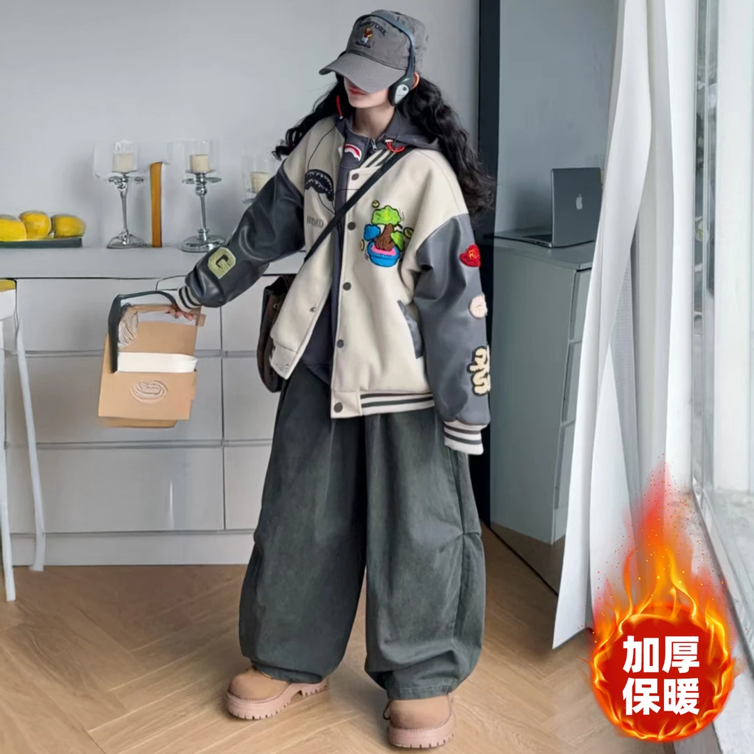 【酷哒仔】女童美式棒球服卫衣哈伦裤三件套装2025秋冬装中大童学生