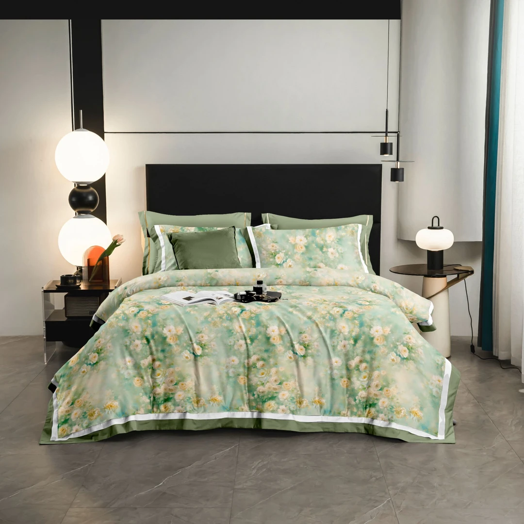 【董事长专属】超细旦天丝数码印花双拼角四件套-青野拾花N