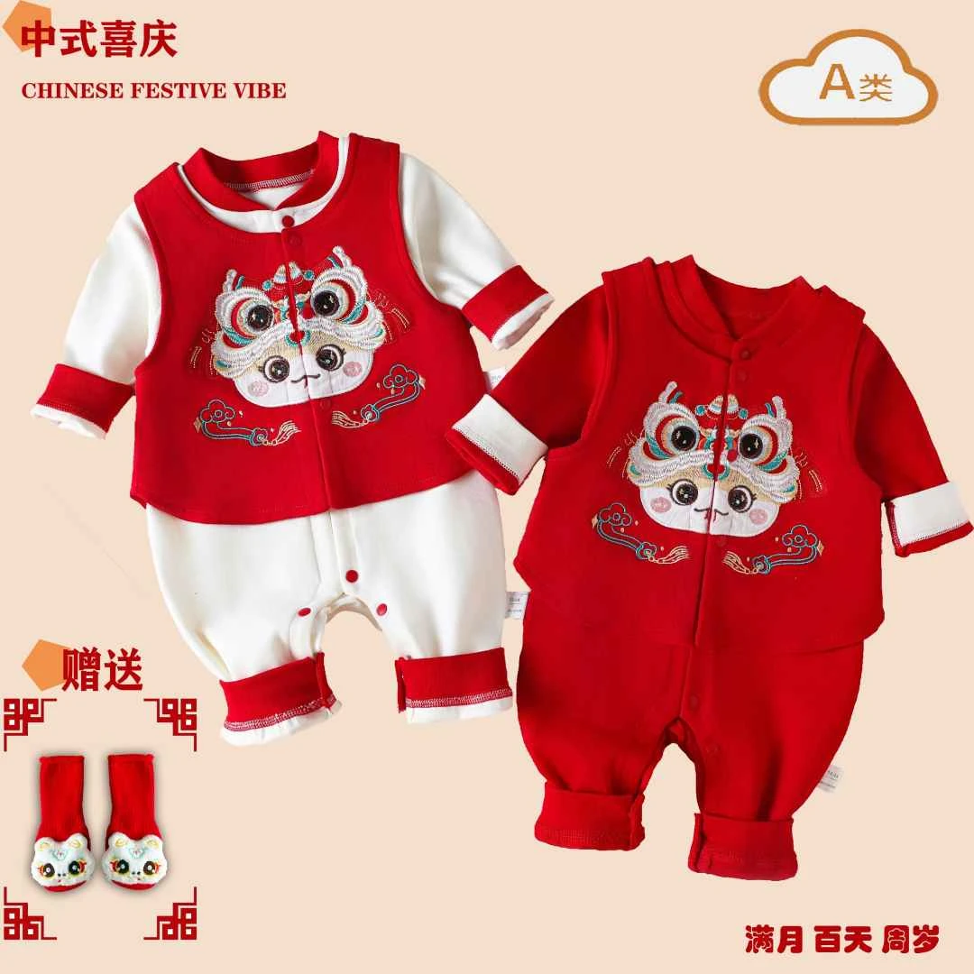 高端订制春款刺绣婴儿满月百天周岁中国风宝宝衣服长袖纯棉连体衣