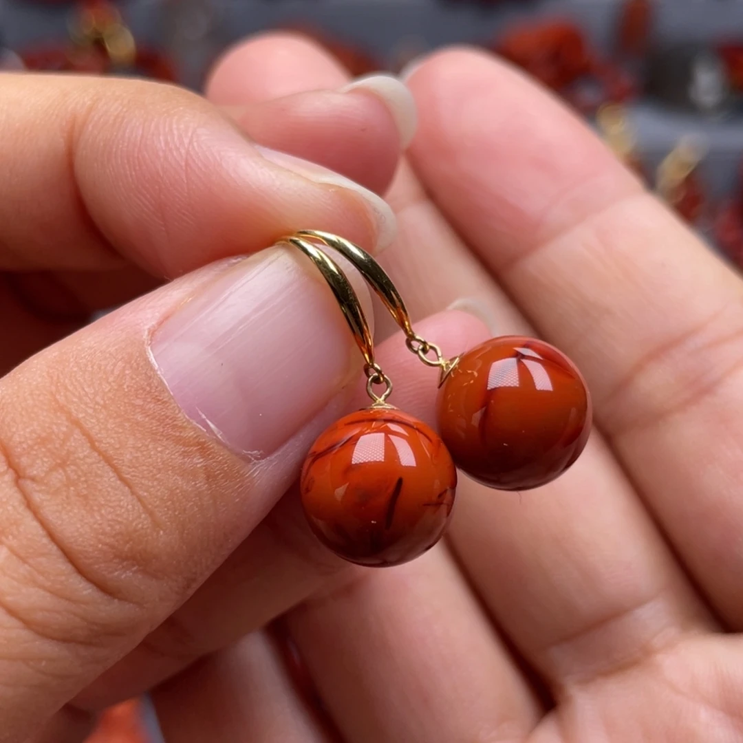 南红玛瑙18K金镶嵌珠宝奇石耳环