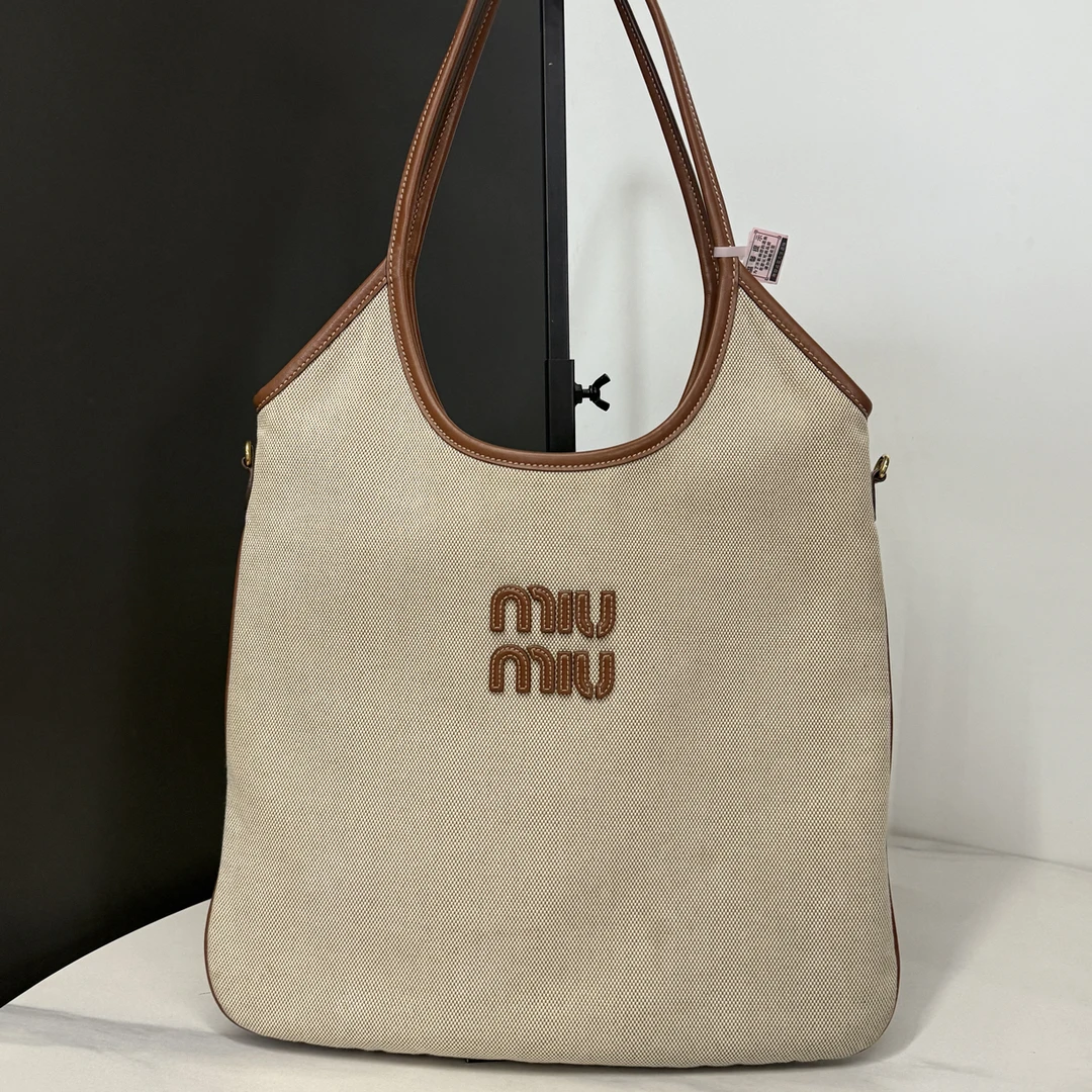 95新 MIU MIU/缪缪 帆布拼皮ivy托特包34cm/JJ5112103