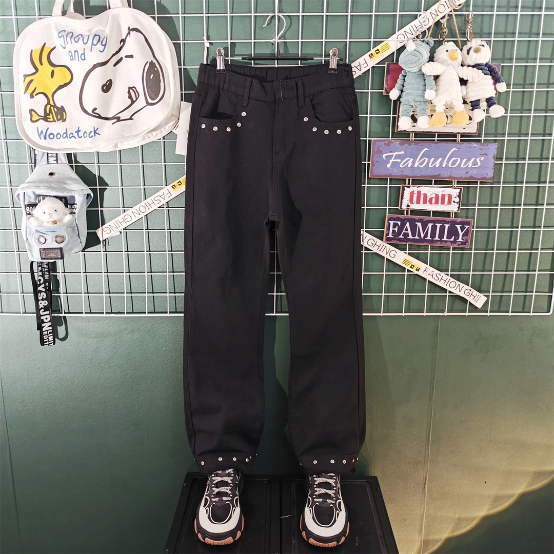 美式复古铆钉毛边微喇牛仔裤男女cleanfit高街宽松显瘦休闲长裤子