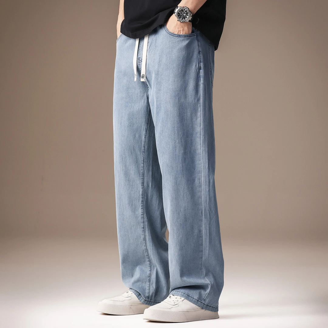 昆加希毕天丝莱赛尔男士牛仔裤夏季薄款直筒宽松阔腿休闲裤子男