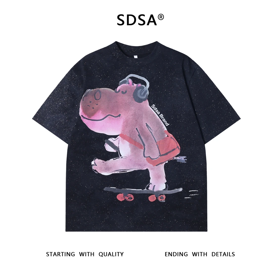 夏季高级感新款男士洒金趣味河马印花短袖T恤情侣圆领宽松上衣