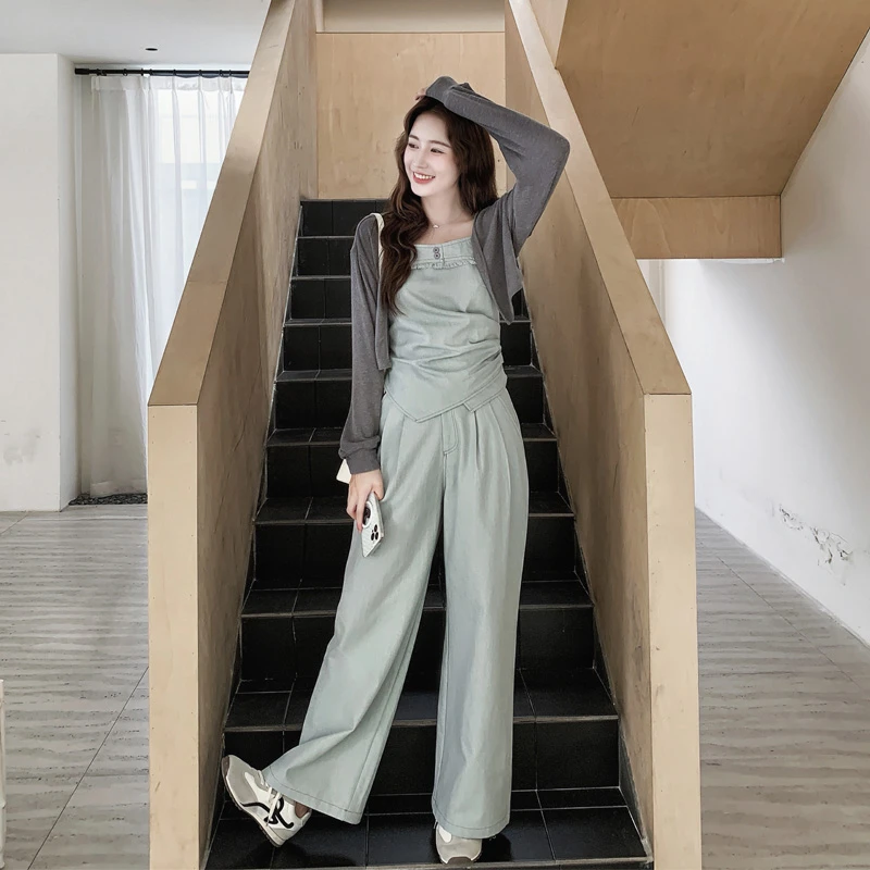 老钱风针织衫吊带阔腿裤2025春秋新款韩系风清冷松弛感穿搭三件套