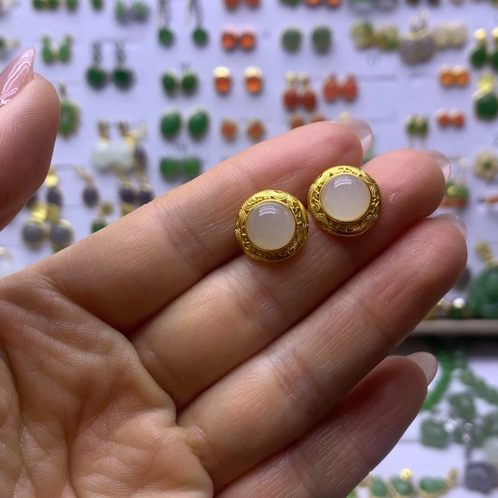 和田玉银S925镶嵌耳饰