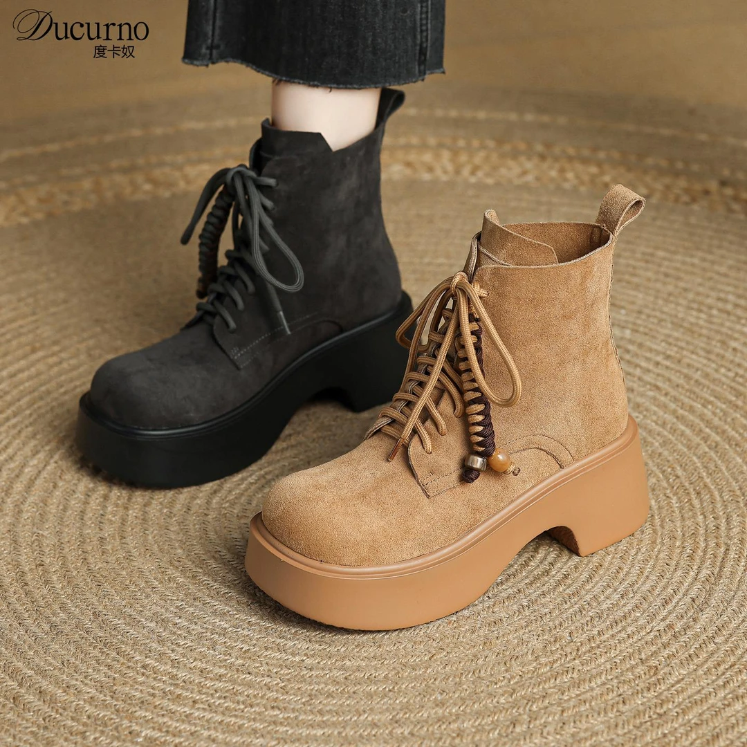 DUCURNO英伦风前系带马丁靴女时尚厚底大黄靴6.5cm高跟百搭小短靴