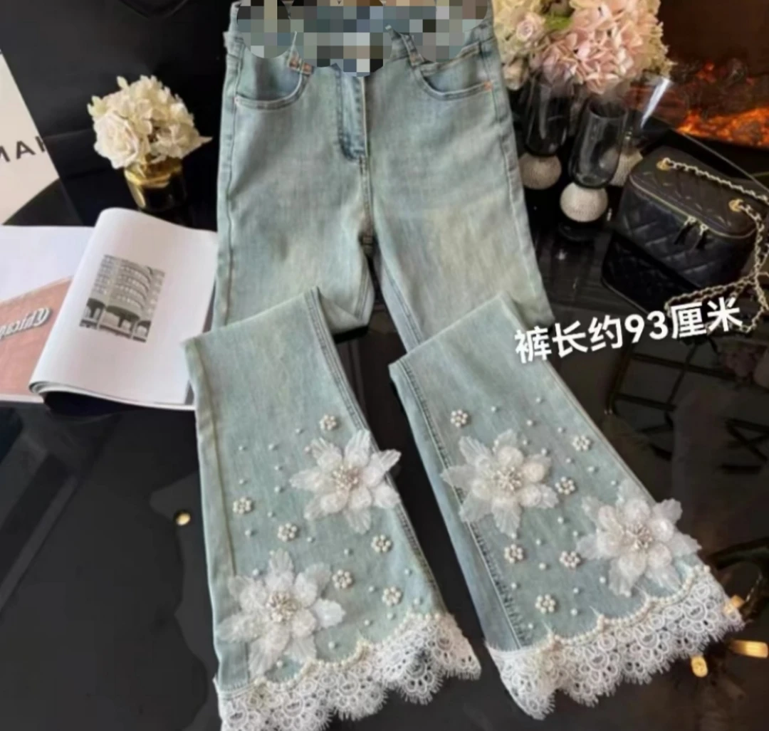 芃芃176春季新款大码女装欧货时尚重工立体花朵牛仔微辣裤