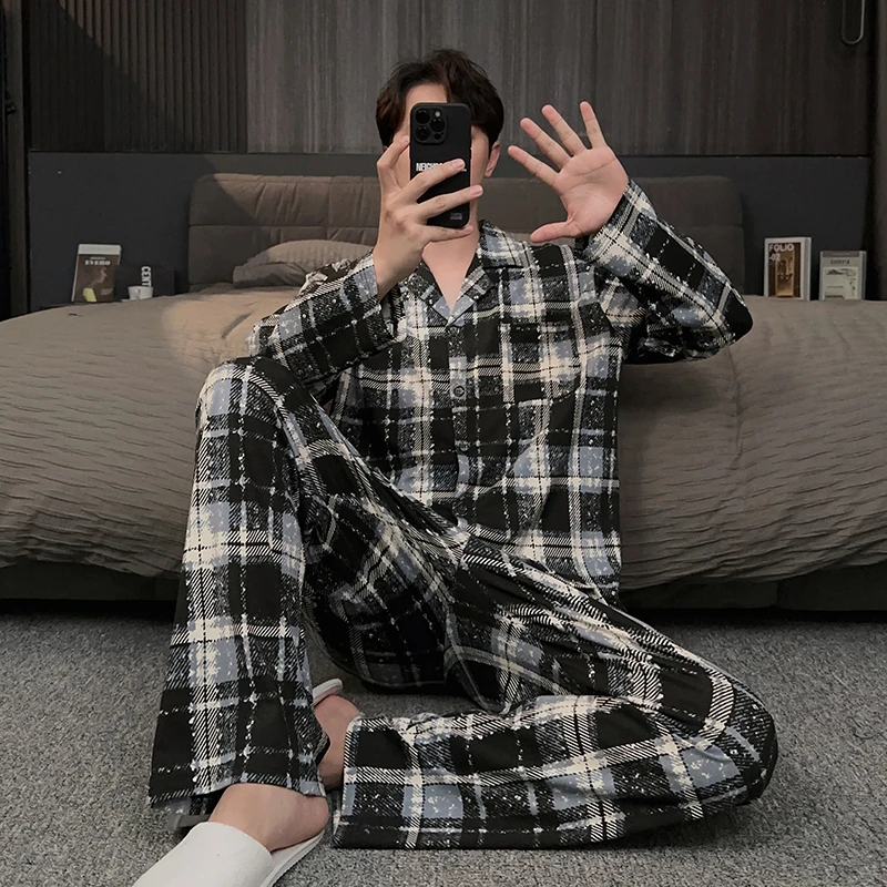 男士睡衣春秋款2025新款长袖长裤格子家居服秋冬季套装可外穿休闲