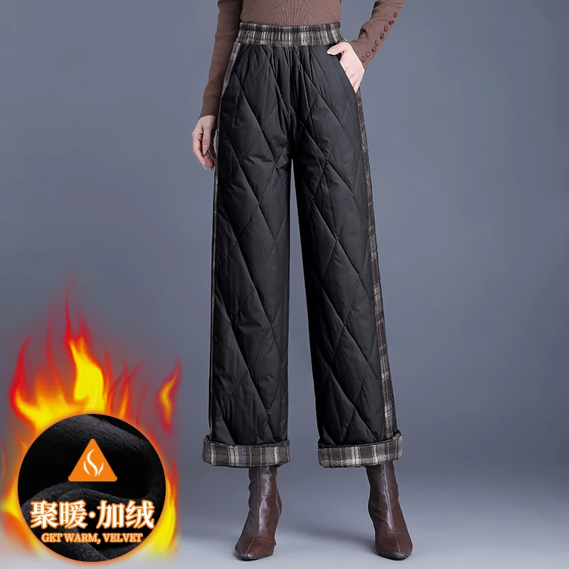 女士冬季保暖棉裤外穿时尚高腰加厚防寒直筒裤小个子新款阔腿裤子