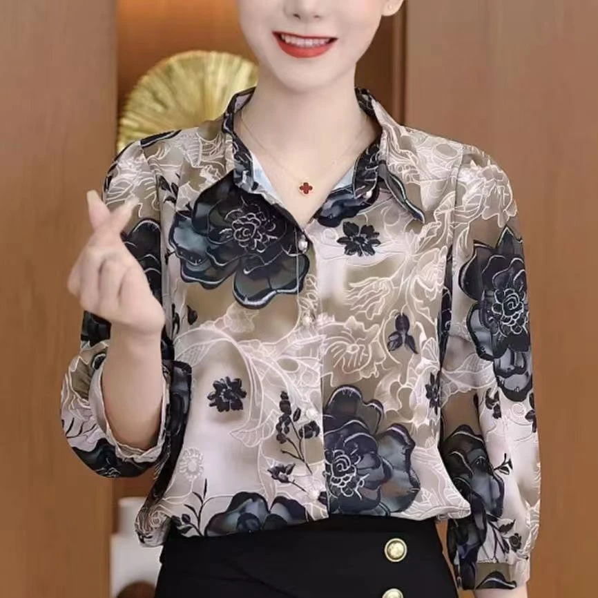 气质衬衫洋气上衣减龄新款百搭夏季时尚妈妈印花女士显瘦衬衣711