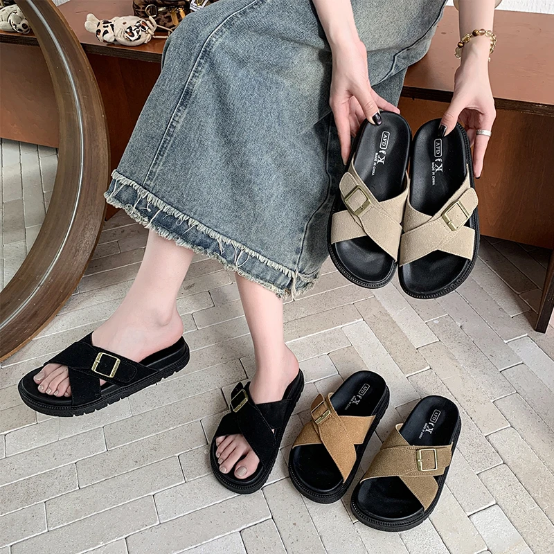98拖鞋女夏外穿2025新款厚底交叉百搭休闲一字凉拖海边沙滩复古