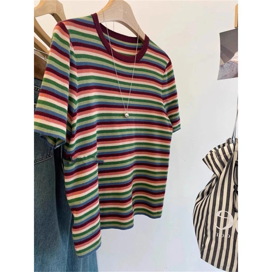 洋气彩虹拼色条纹透气针织衫女短袖亲肤薄款宽松减龄打底衫上衣女