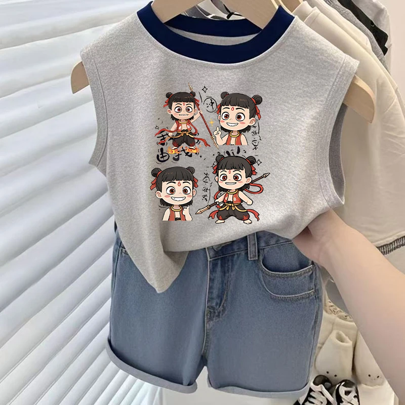 纯棉背心t恤夏新款男女童宝宝国潮卡通哪吒印花儿童洋气无袖上衣T