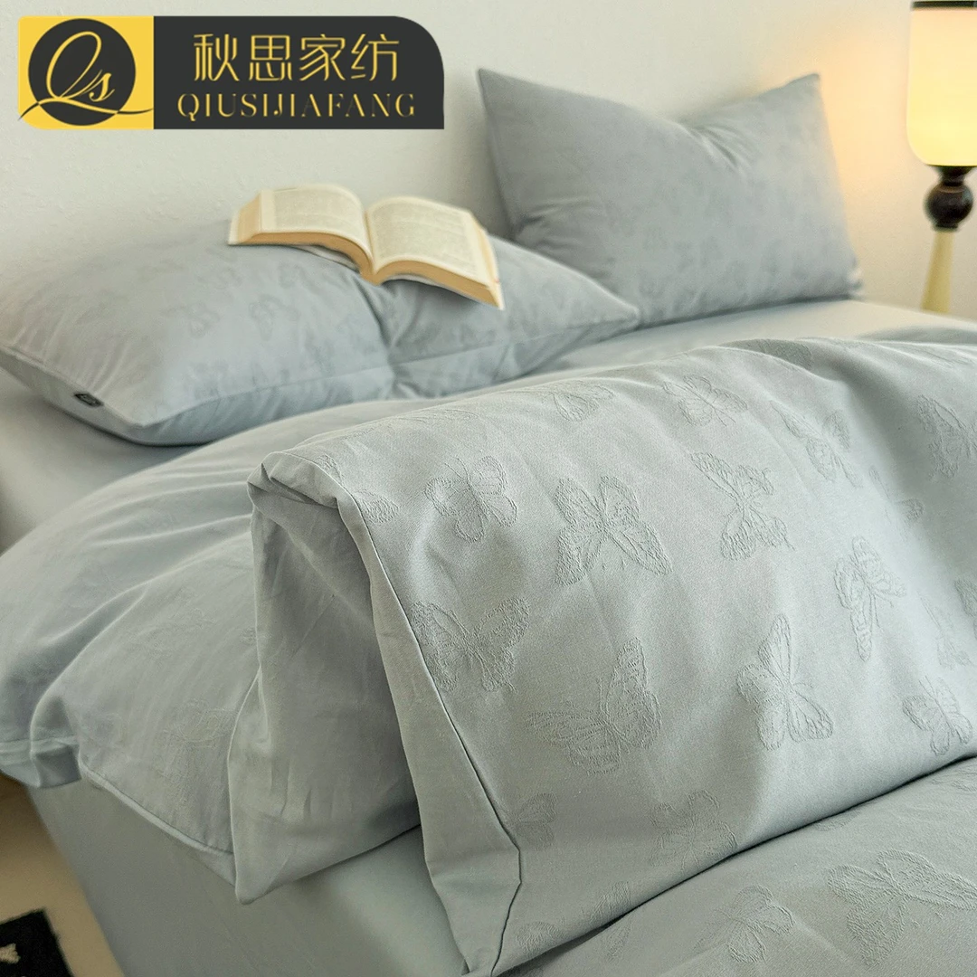 小清新纯棉床上四件套蓝色蝴蝶双层纱全棉床品床单被套三件套夏季