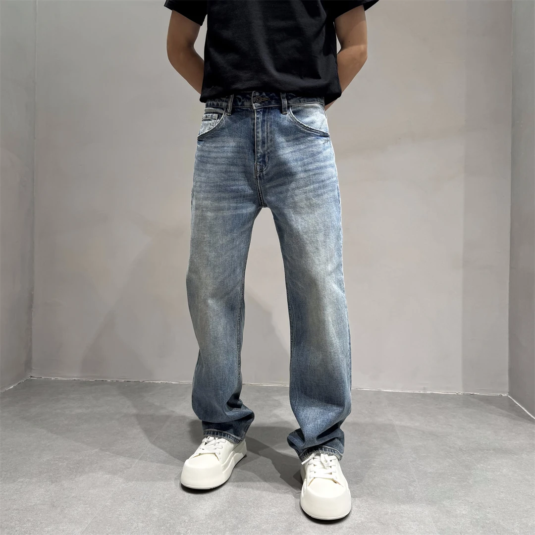 复古简约水洗浅蓝色弹力中直筒牛仔裤男秋季新款宽松轻奢长裤子潮