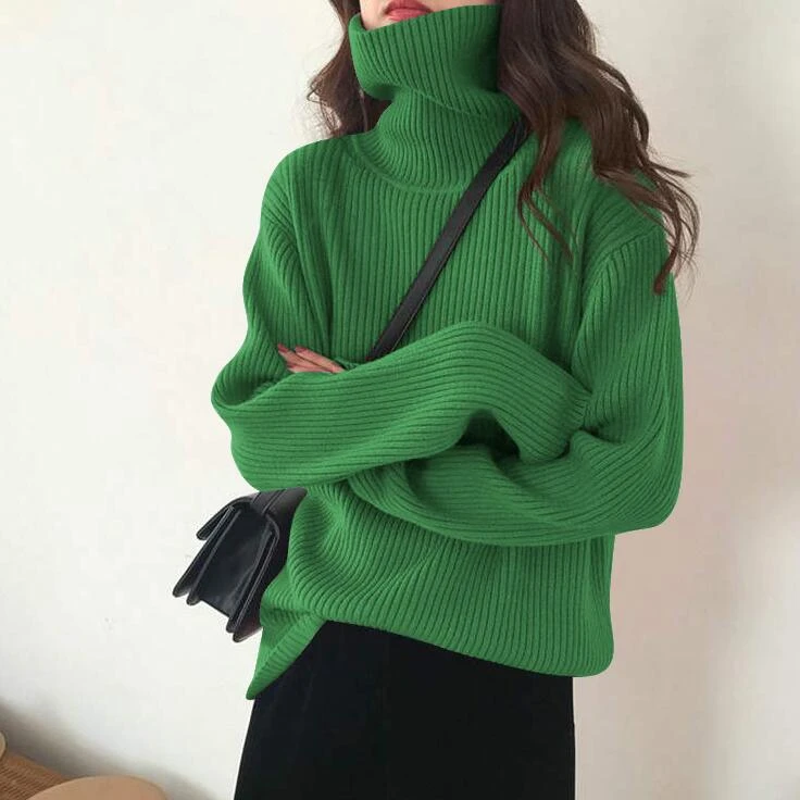 2024高领毛衣复古简约慵懒宽松套头坑条洋气毛衣外穿