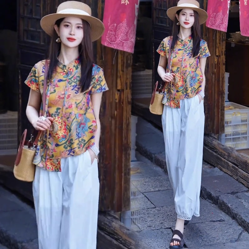 新中式国风时尚套装女2025夏季新款洋气显瘦盘扣衬衫阔腿裤两件套