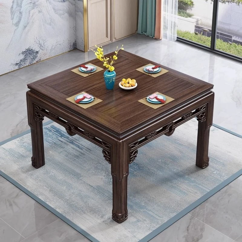 全实木仿古八仙桌组合方桌紫金檀木中式雕花餐桌正方形家用饭店桌
