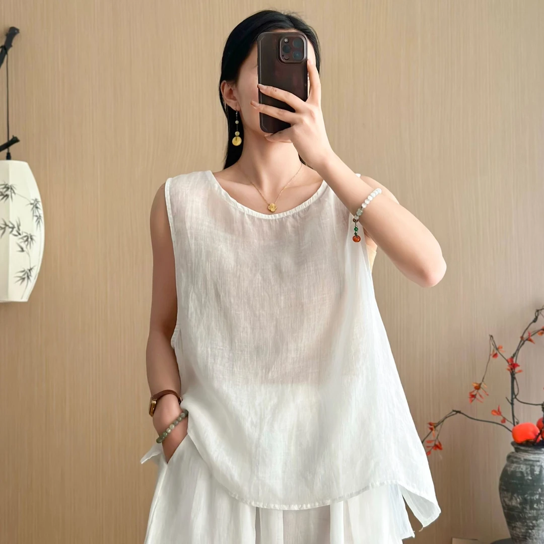 春装新款女装苎麻100织纯色百搭宽松大码侧盘扣品质无袖背心马甲