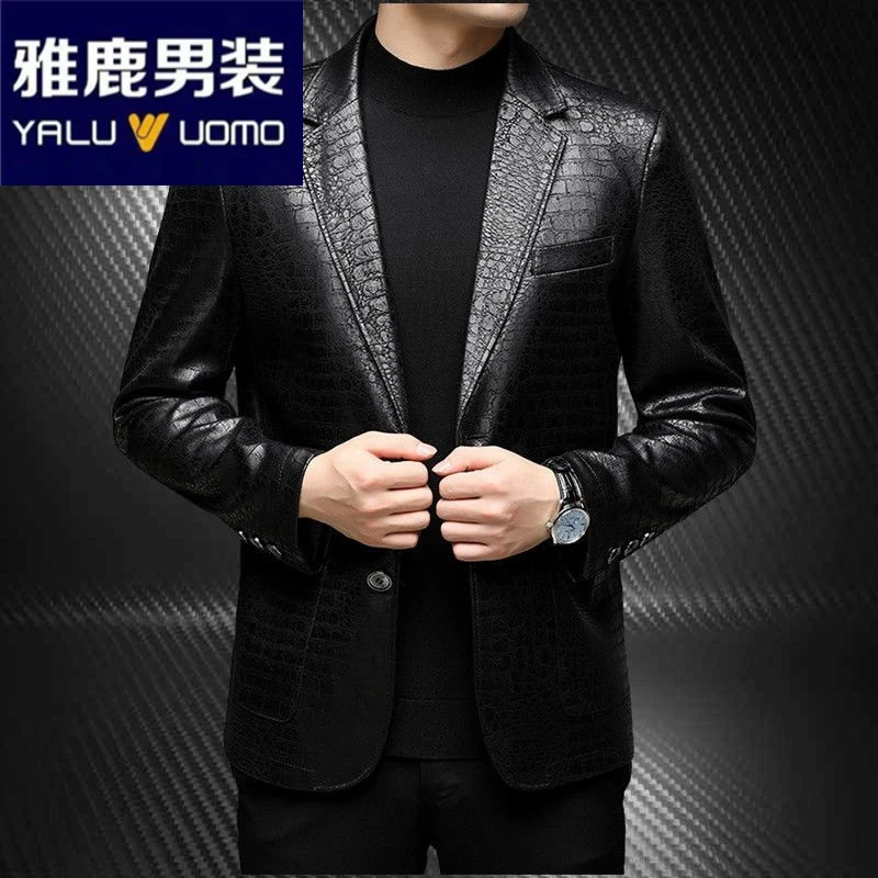 雅鹿男装高档好皮软皮皮衣男装中年休闲皮夹克西装西服外套男