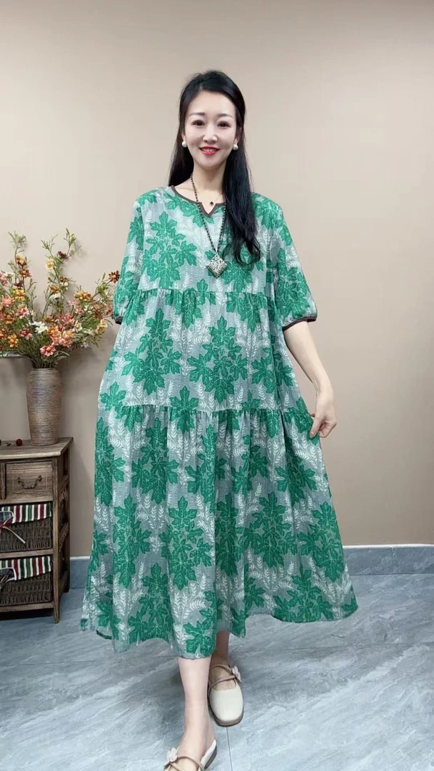 复古七分袖套头长裙V领不褪色连衣裙时尚气质花色长裙欧若动感风