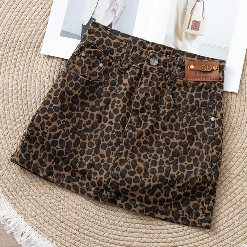 早秋冬季辣妹A字裙包臀纯欲高腰显瘦短裙潮咖色豹纹牛仔半身裙女