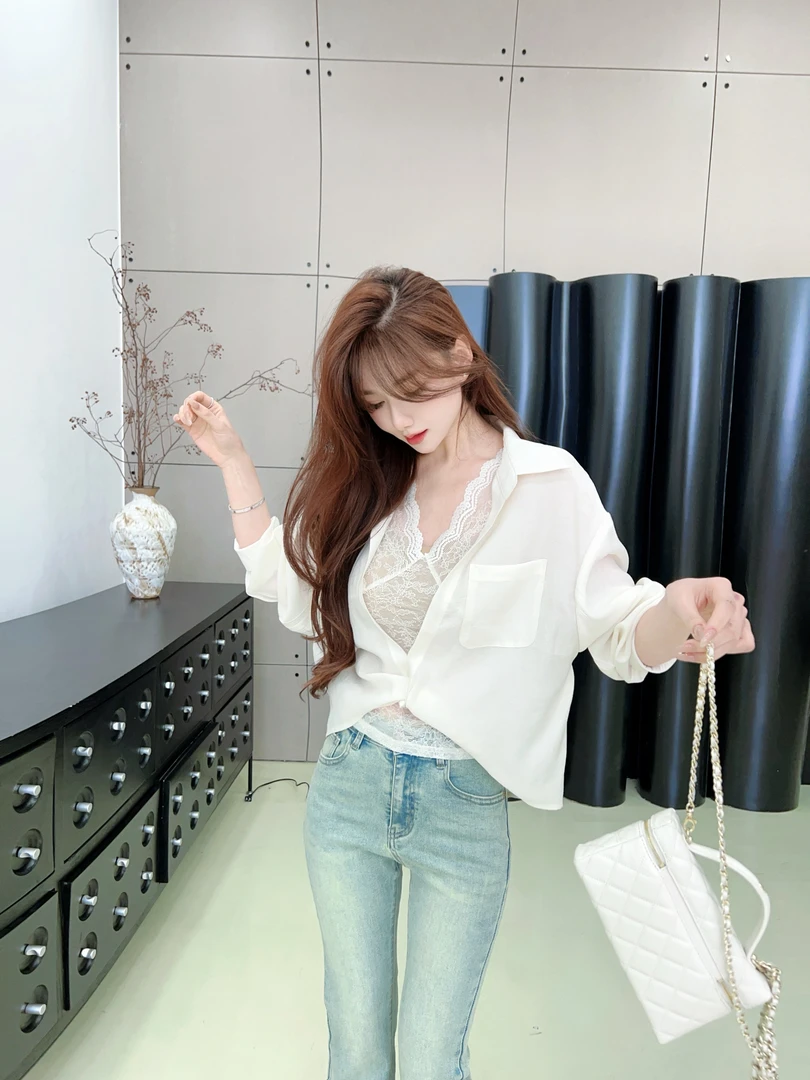 【叠穿蕾丝】法式高级感衬衫➕水绒蕾丝背心两件套#8527