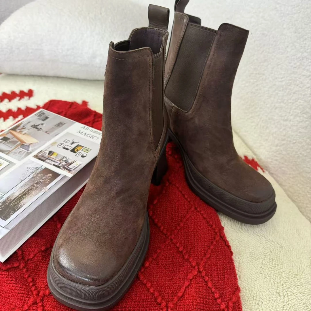 麦麦定制粗跟高跟切尔西靴复古短靴8251