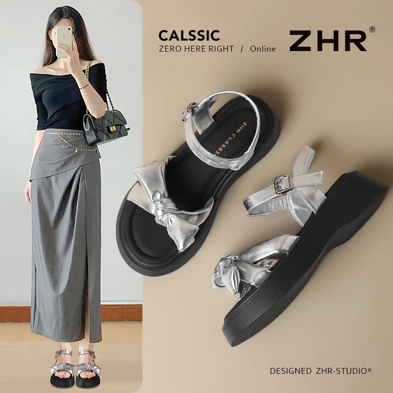 ZHR/则则时尚厚底凉鞋女2025夏新款百搭一字带女鞋ins蝴蝶结单鞋