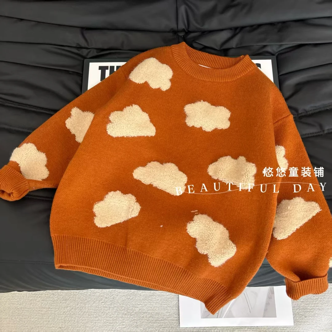 女童冬季新款针织衫时髦洋气女宝宝卡通花朵圆领保暖毛衣毛巾