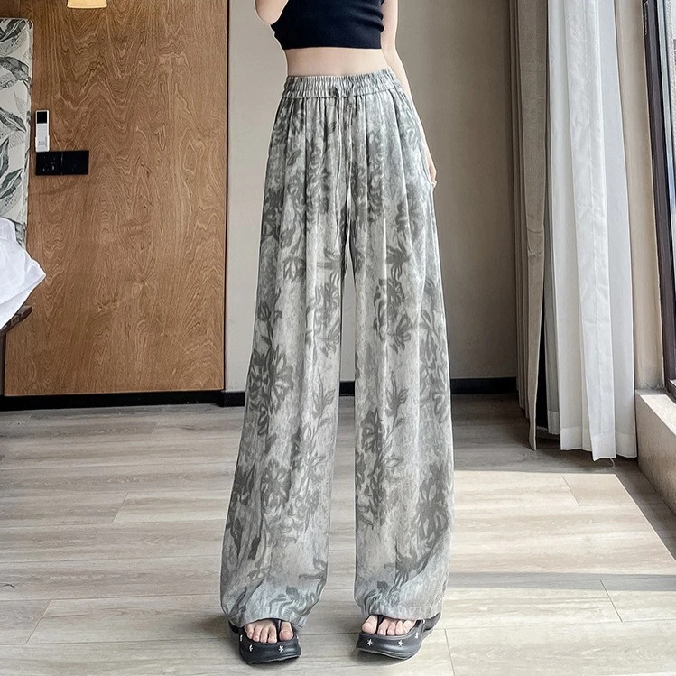 复古冰丝阔腿裤女2025夏季新款青瓷花印花垂感长裤高腰显瘦山本裤