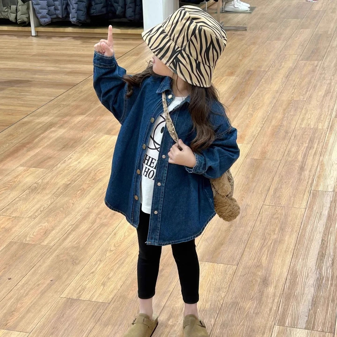 范哲萨女童牛仔衬衫外套春秋季新款中大儿童韩版洋气长袖外穿上衣