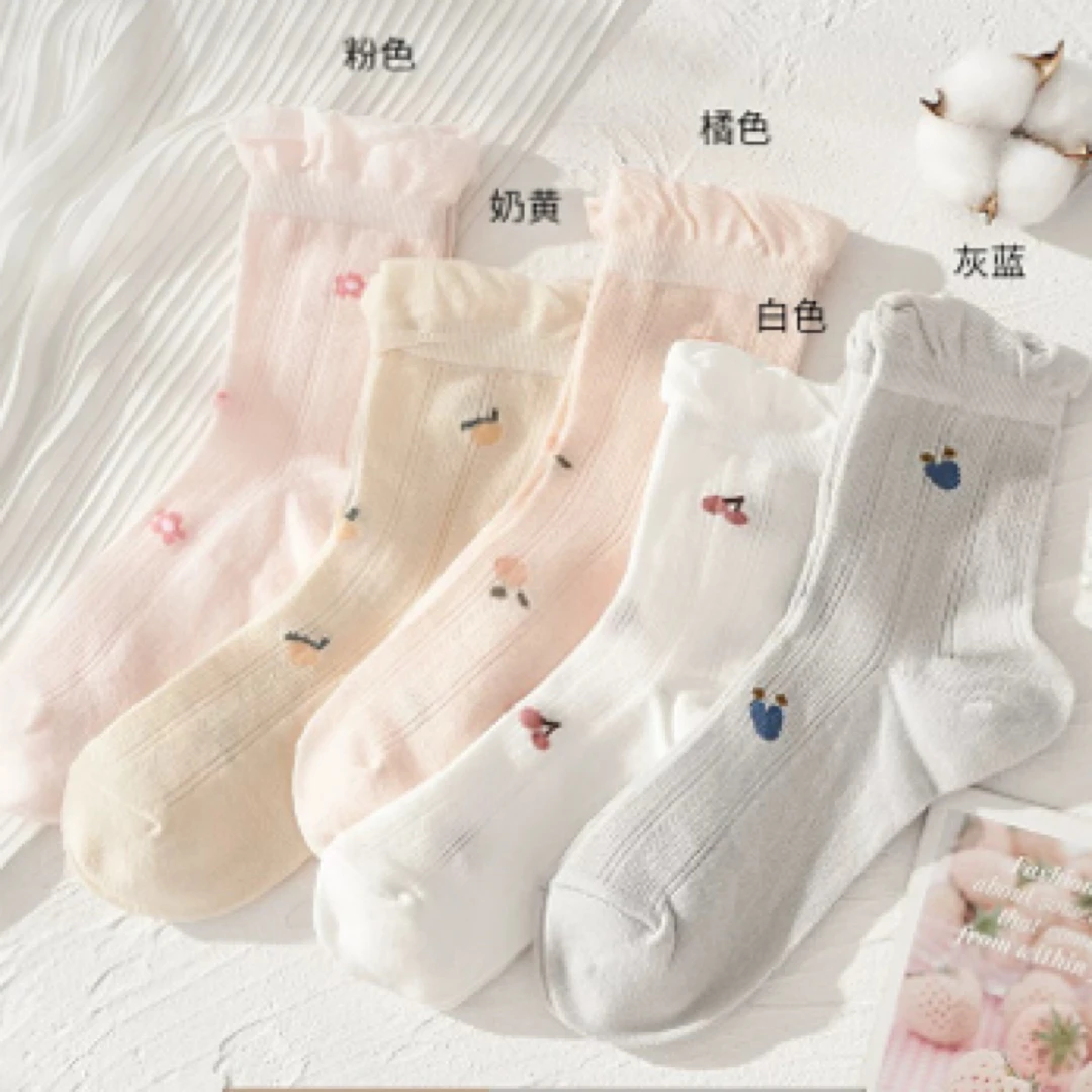 （一包5双）月子袜子女中筒袜花边无骨松口不勒无骨长袜