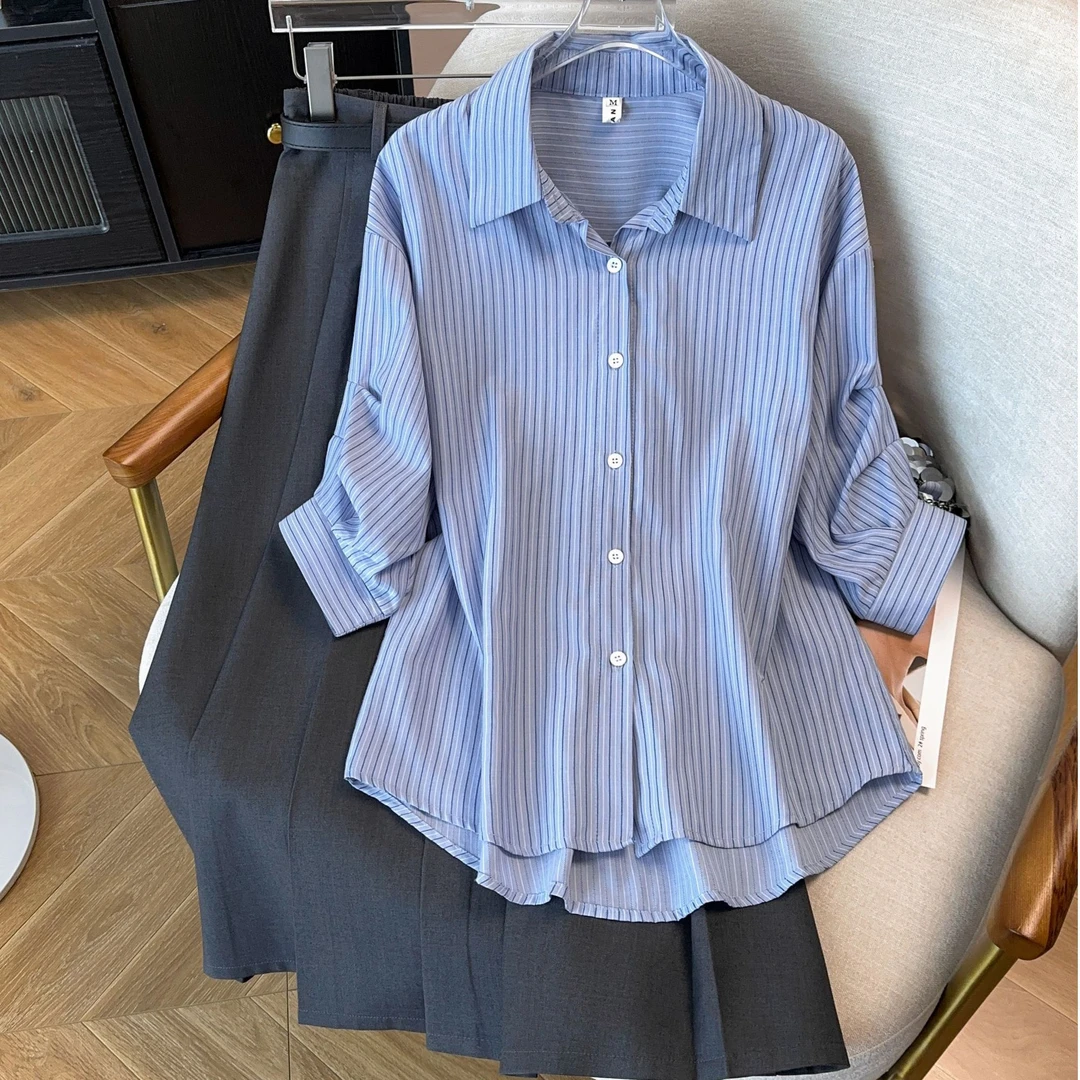 【运费补贴】Y011#新款女装流行漂亮外穿穿搭条纹衬衫套装（送腰带）