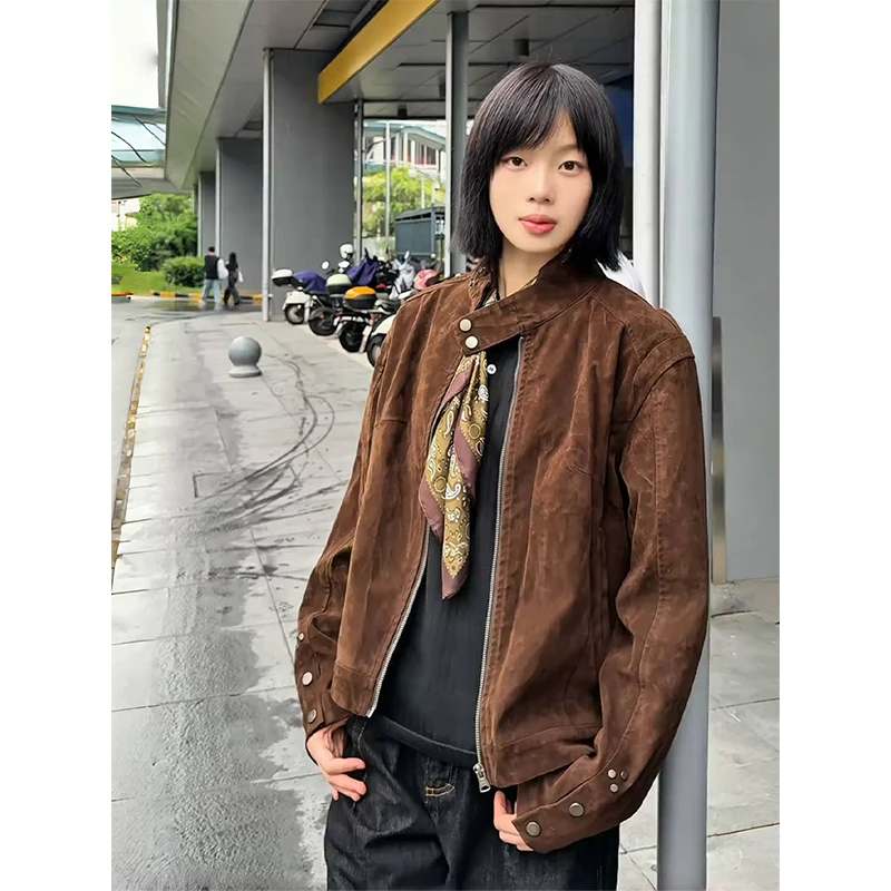 美式复古绒皮哈灵顿夹克男秋季新款cleanfit重工艺金属扣短款外套